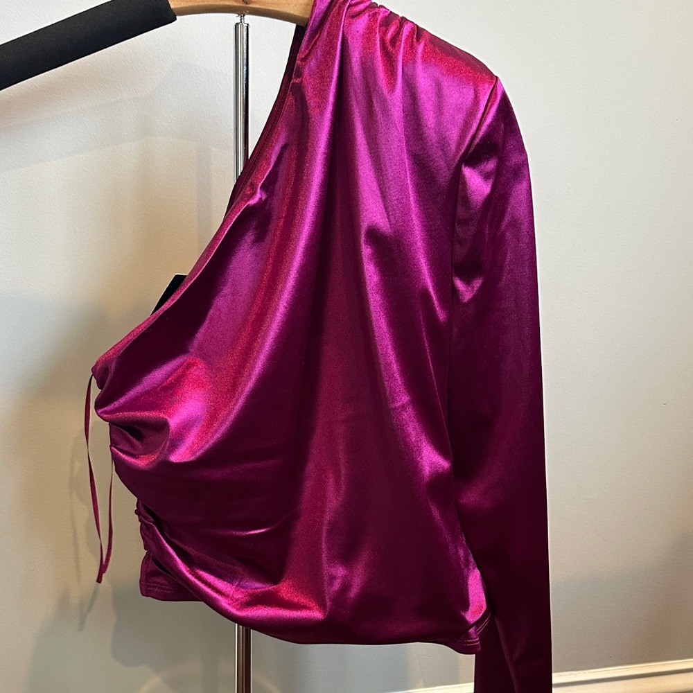 Express Fuchsia Satin One Shoulder Top - Picture 3 of 3